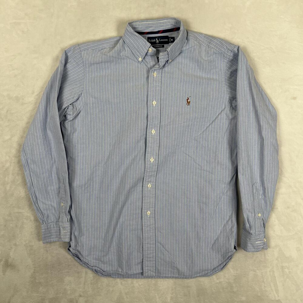 Ralph Lauren Shirt Mens Medium Blue Striped Long Sleeve Button Down Classic Fit